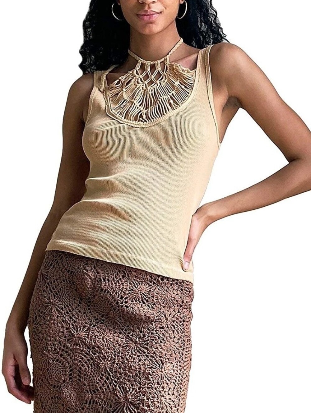 We The Free Beige Macramé Back Ribbed Tank B22